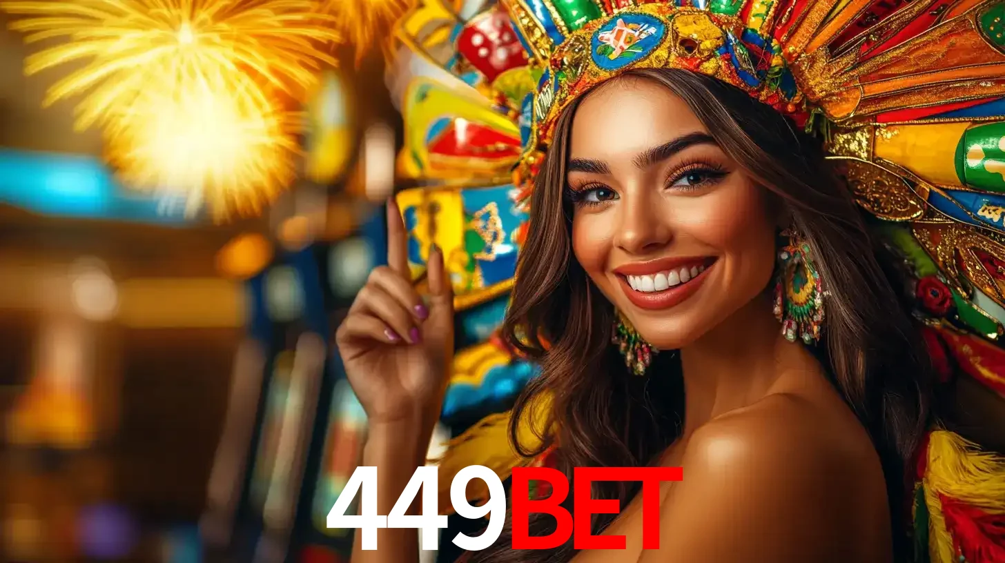 Mulher sorridente com um cocar de carnaval vibrante e colorido, celebrando uma grande vitória nos jogos do cassino 449bet com fogos de artifício ao fundo.