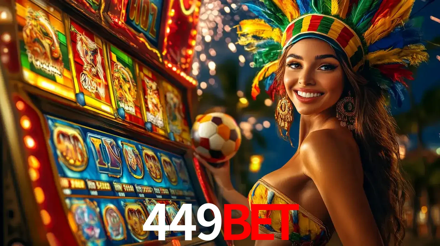 Mulher com um cocar de carnaval ao lado de uma máquina de caça-níqueis enquanto segura uma bola de futebol, mostrando a união da diversão de cassino e esportes no 449bet.