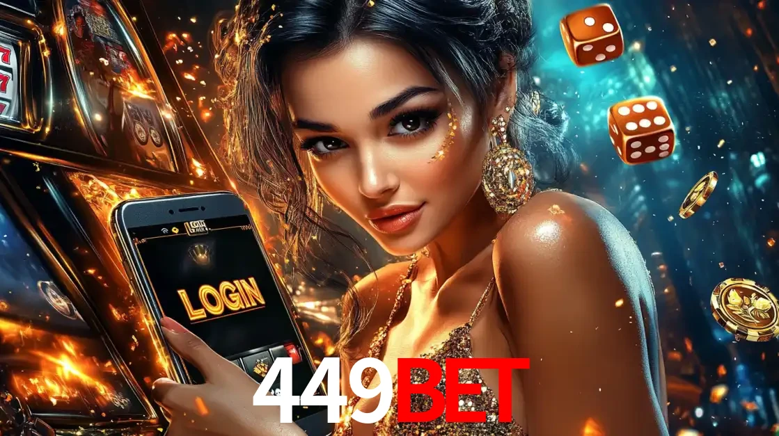 Mulher glamourosa segurando um celular com a tela de login do cassino 449bet, rodeada por dados e moedas douradas, pronta para começar a diversão.