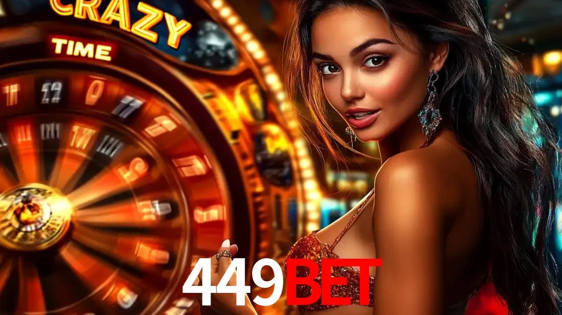 Mulher ao lado da roda de prêmios do jogo de cassino ao vivo Crazy Time, um dos shows de jogos mais emocionantes oferecidos pela plataforma de apostas 449bet.