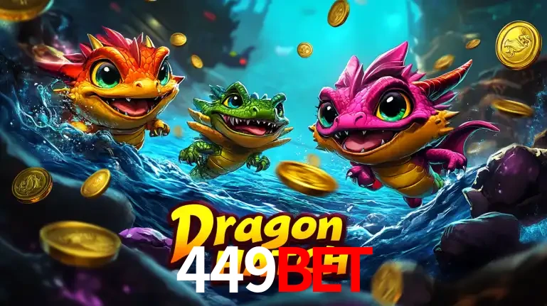 Arte promocional do jogo Dragon Hatch com três adoráveis dragões bebês nadando entre moedas de ouro, um dos slots mais divertidos para jogar no cassino 449bet.