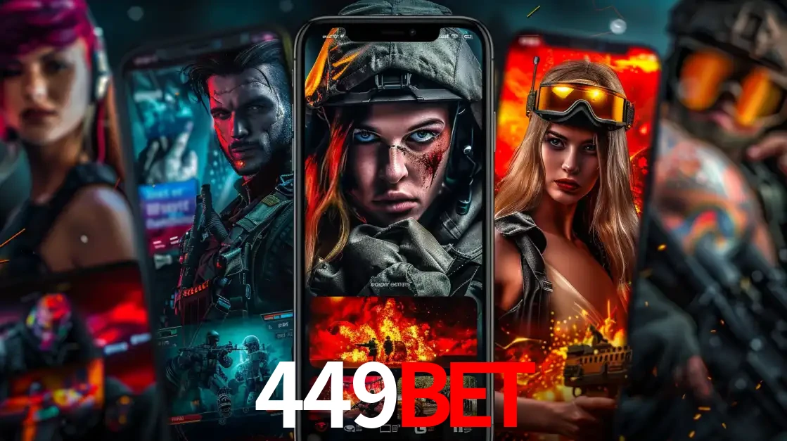 Montagem de telas de celular mostrando diversos personagens, masculinos e femininos, de um jogo de tiro, ilustrando a diversidade de equipes de e-sports para apostar no 449bet.
