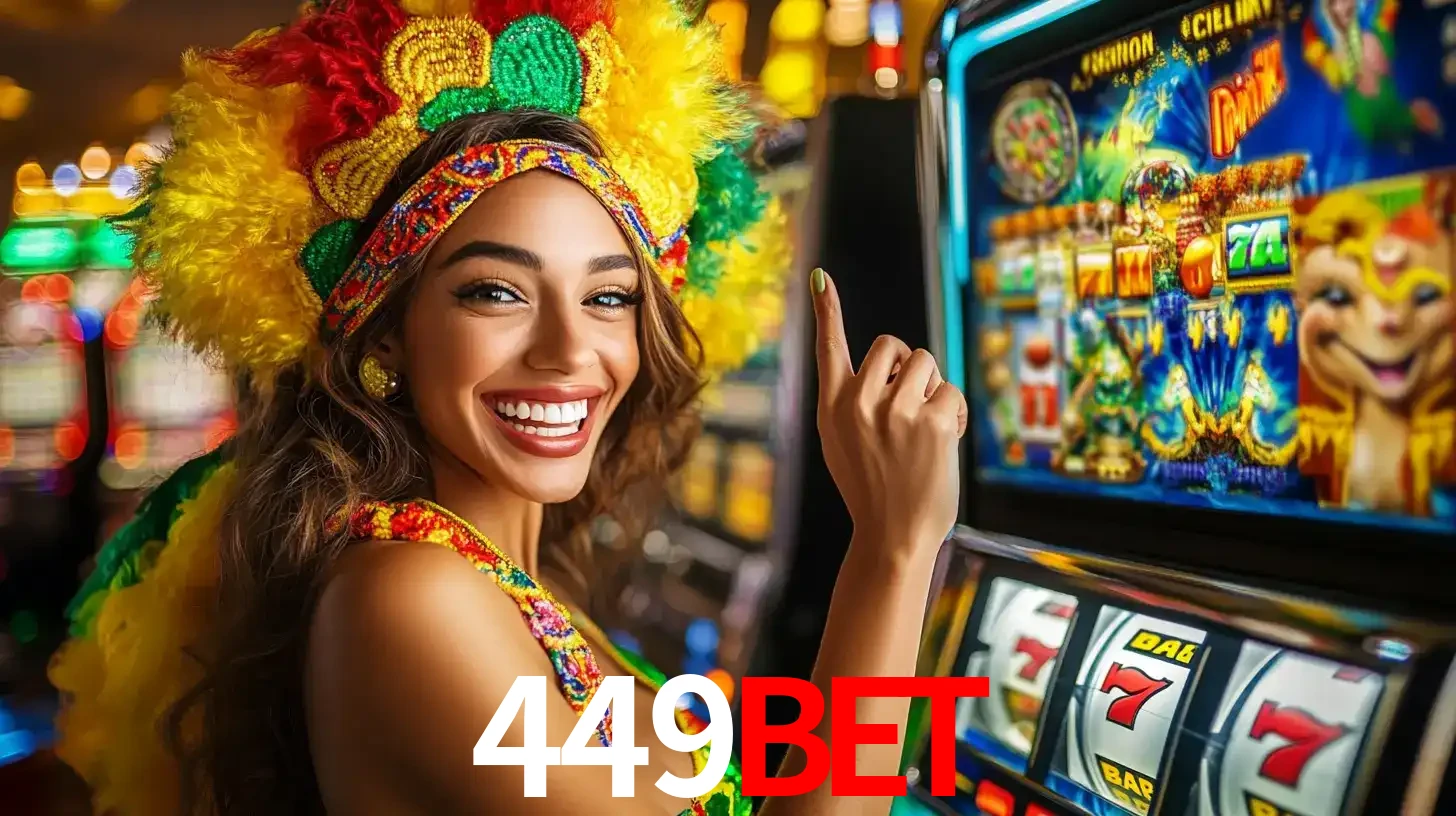 Mulher animada com um cocar de carnaval apontando para uma máquina de caça-níqueis, mostrando a emoção de ganhar um grande prêmio nos jogos do 449bet.