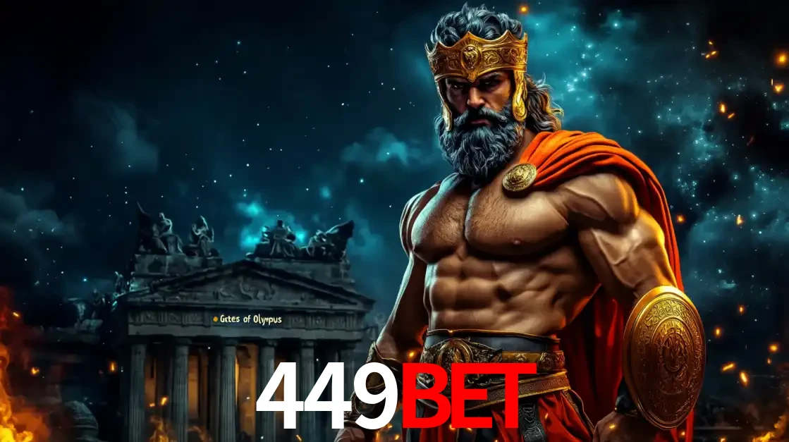O poderoso Zeus do jogo de slot Gates of Olympus em frente ao seu templo, pronto para lançar multiplicadores divinos e prêmios épicos no cassino online 449bet.