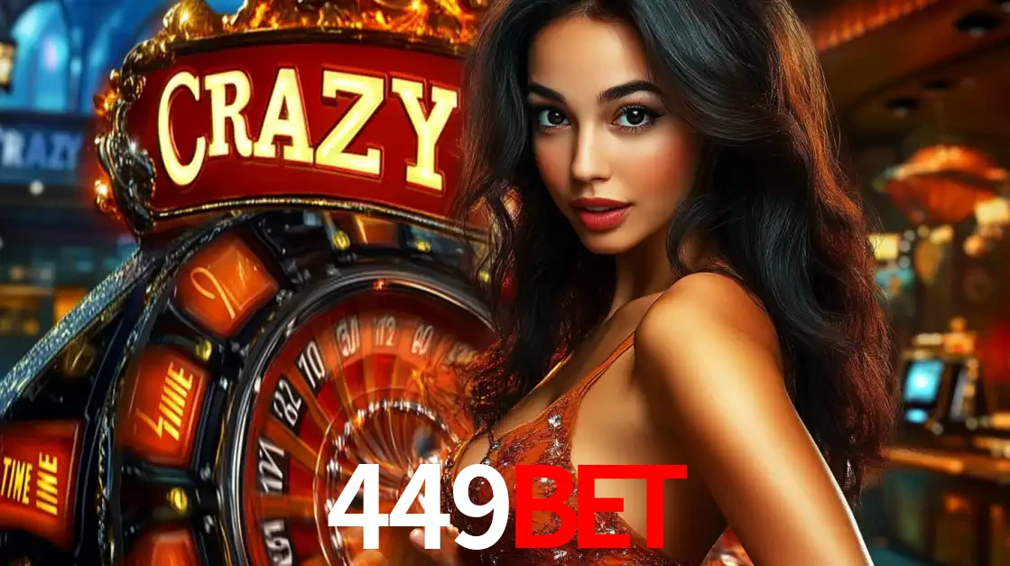 Mulher glamourosa olhando para a câmera com a roda vermelha do Crazy Time ao fundo em um ambiente de cassino, destacando a emoção dos jogos ao vivo no 449bet.