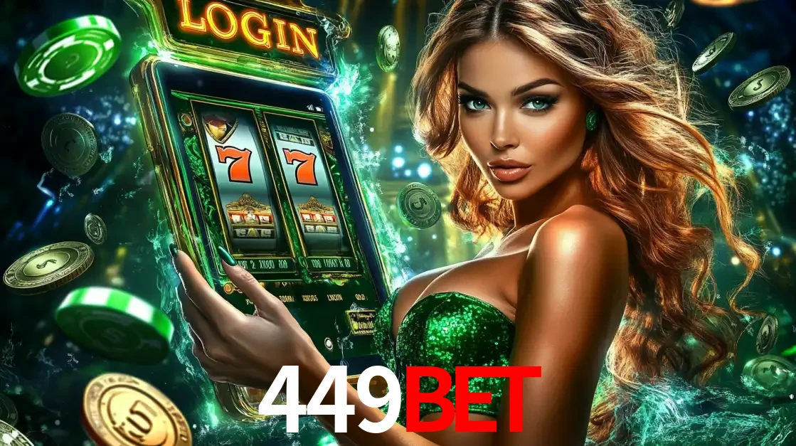 Mulher com tema verde apresentando o aplicativo do cassino 449bet com um jogo de slot de 777, cercada por fichas de cassino e uma aura de sorte.