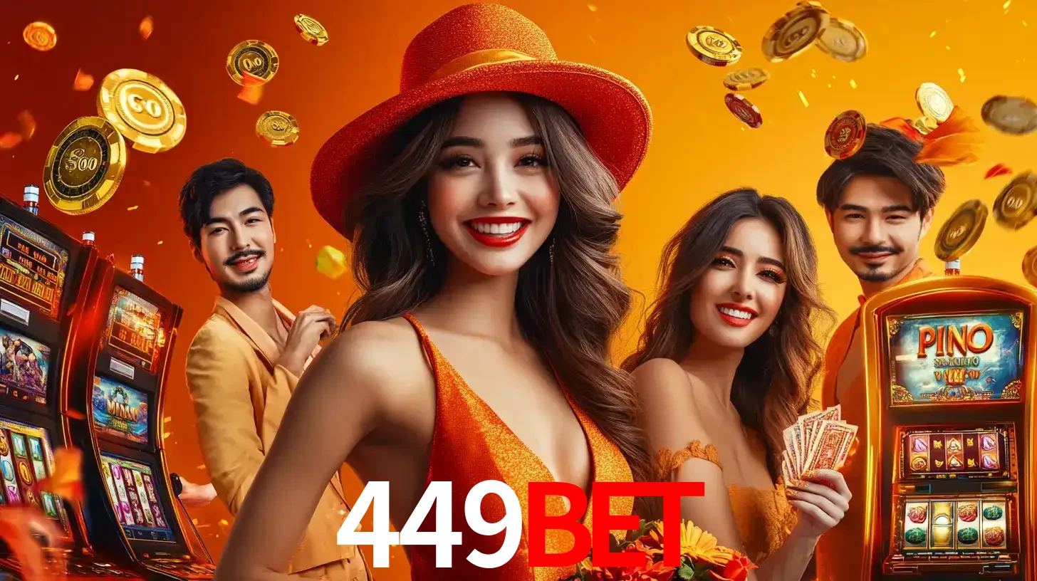 Grupo de amigos asiáticos sorrindo e se divertindo com máquinas de caça-níqueis em um ambiente festivo, celebrando suas vitórias nos jogos de cassino do 449bet.