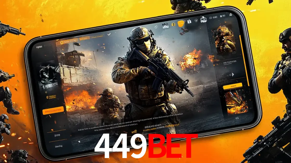 Um smartphone exibindo a interface de um jogo de tiro em primeira pessoa, com um soldado em um cenário de batalha, representando a ação dos e-sports para apostar no 449bet.