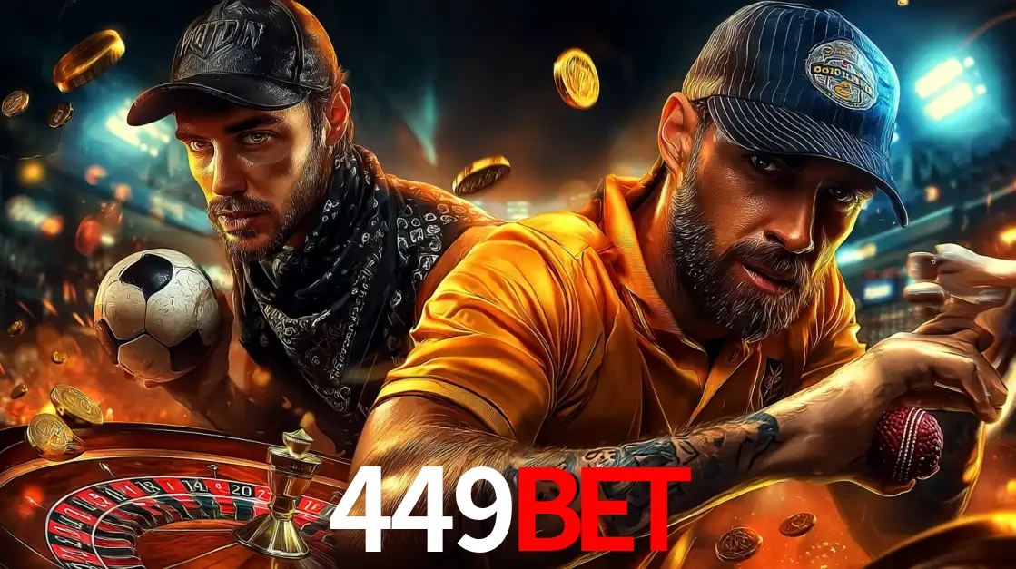 Montagem de apostas esportivas e cassino no 449bet, com um homem segurando uma bola de futebol e outro uma de beisebol sobre uma roleta e moedas voadoras.