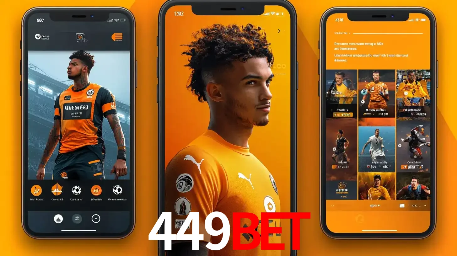 Interface do aplicativo de apostas esportivas 449bet em três telas de celular, mostrando o perfil de um jogador de futebol e a lista de jogos disponíveis para apostar.