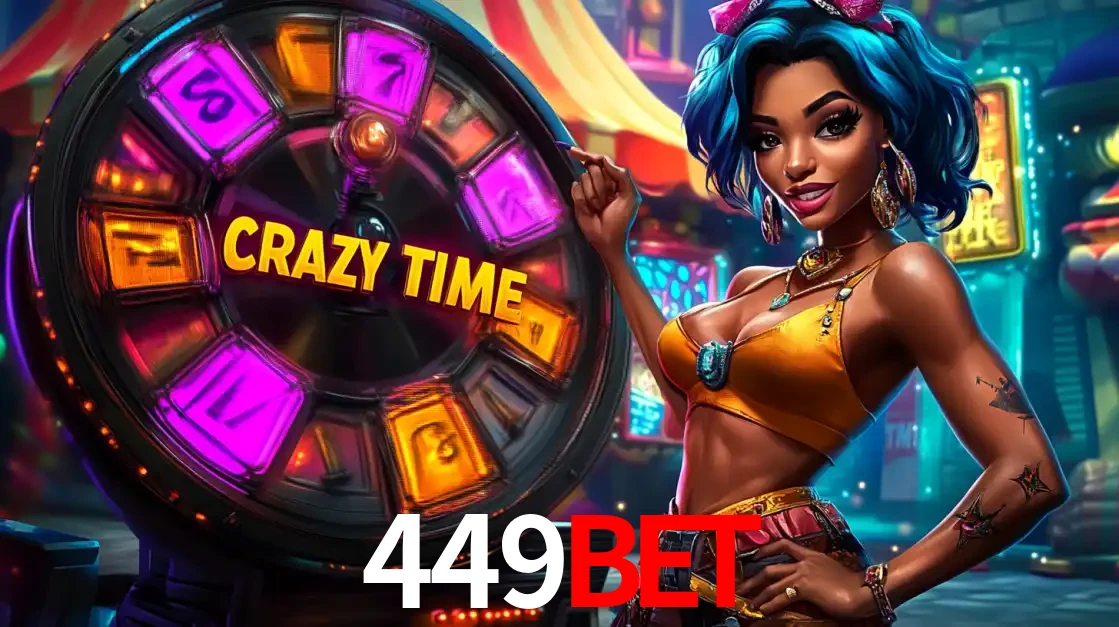 Mulher estilizada com cabelo azul e visual vibrante posando ao lado da roda de prêmios do game show Crazy Time, convidando para a diversão e os bônus do cassino 449bet.