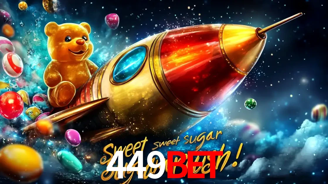 Arte promocional do jogo de slot Sugar Rush, com um urso de pelúcia em um foguete viajando pelo espaço de doces, um dos jogos divertidos disponíveis no cassino 449bet.