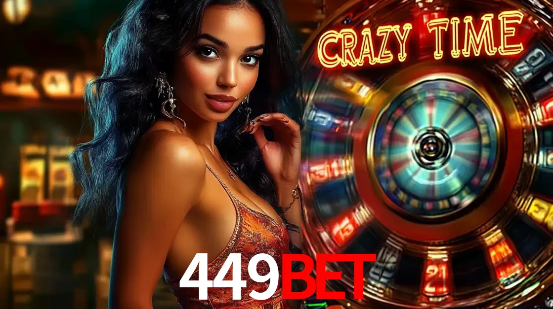 Mulher elegante ao lado da vibrante roda da fortuna do jogo de cassino ao vivo Crazy Time, um dos game shows mais populares e cheios de prêmios do 449bet.