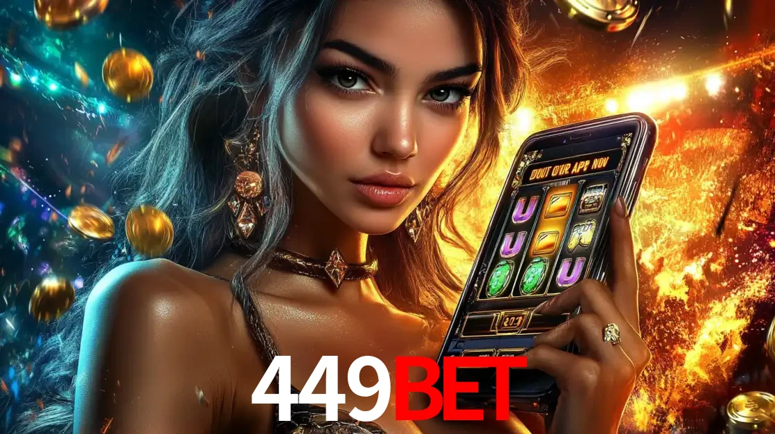 Mulher elegante mostrando um jogo de caça-níqueis em seu smartphone, destacando a experiência de cassino móvel oferecida pelo aplicativo 449bet.