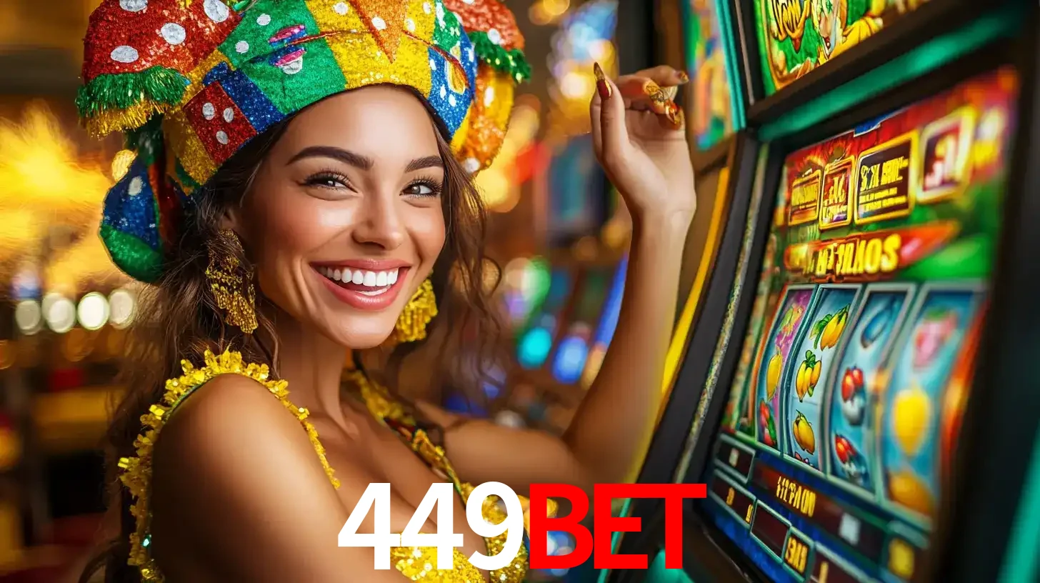 Mulher feliz com traje de carnaval amarelo e colorido ao lado de uma máquina de caça-níqueis, aproveitando a diversão e os jogos temáticos do cassino 449bet.