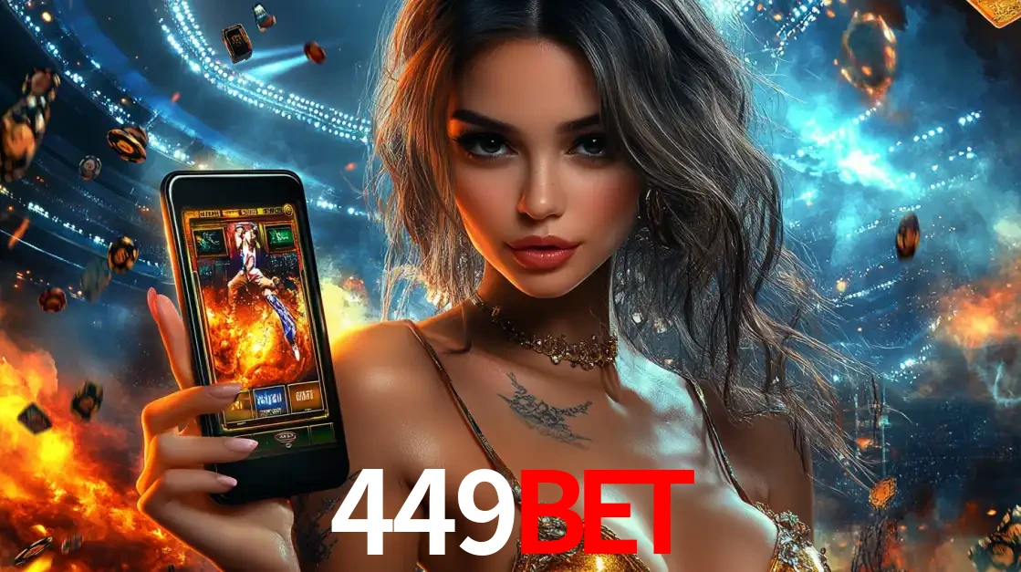 Mulher segurando um celular com um jogo de slot em destaque, tendo como fundo um estádio vibrante, simbolizando a emoção de jogar no cassino móvel 449bet.