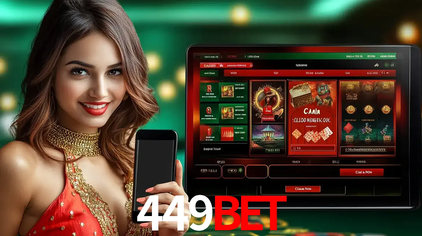 Mulher sorridente segurando um smartphone, ao lado de uma tela exibindo o lobby de jogos do cassino online 449bet, com várias opções de jogos de cartas e slots.